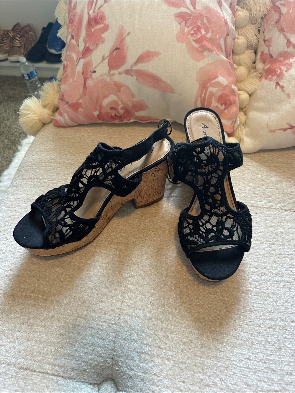 American Eagle Outfitters Black Lace Cork Wedge Sandals